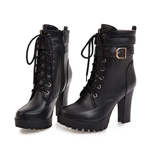 Women's Front Lace-Up Side-Zip Chunky High Heel Ankle Boots 38534323C